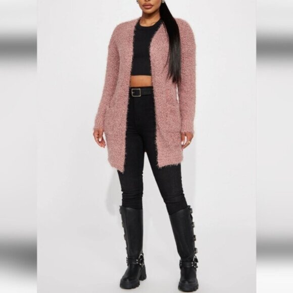Fashion Nova Fluffy Comfy Mauve Open Front Cardigan Long Pockets Size Medium - Picture 3 of 9